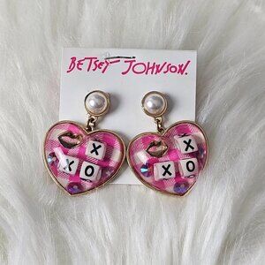 Betsey Johnson Gold Tone XOX Gingham Acrylic Puffy Heart Drop Earrings